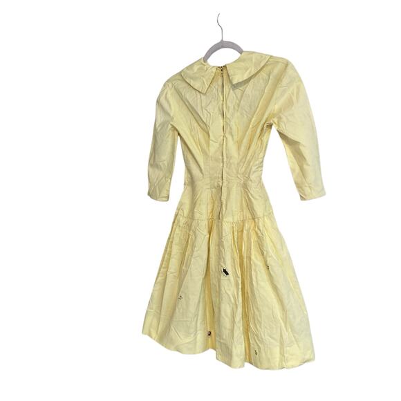 Vintage 40s 50s Butter Yellow Long Sleeve Drop Waist Embroidered Dress Sz XS - Picture 4 of 16